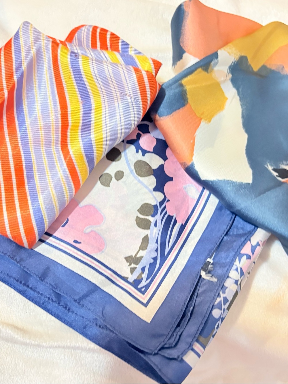 Vintage Scarf Lot of 3 Floral Striped Satin Style Square Scarves Fair Condition
